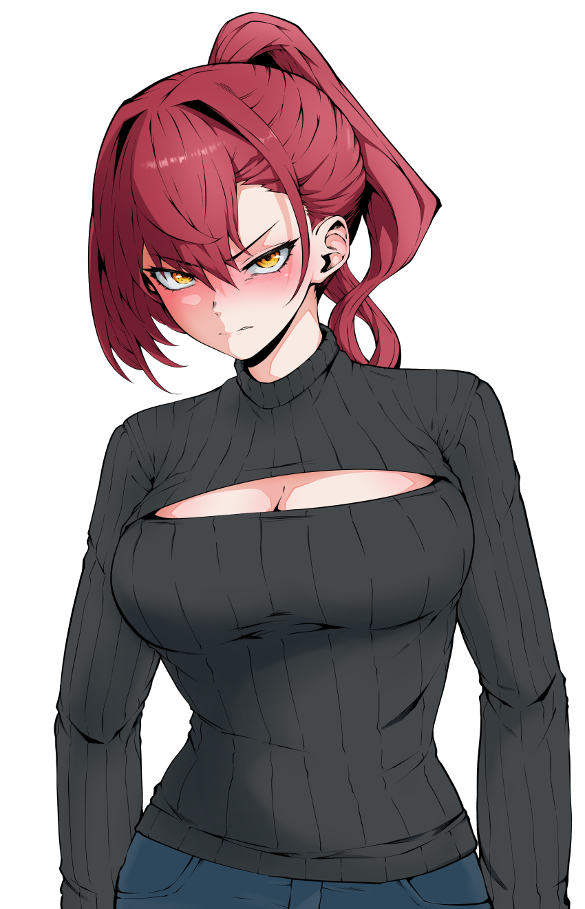 1girl, 21gh, absurdres, angry, black_sweater, castle_knight_charlotte, cleavage_cutout, closed_mouth