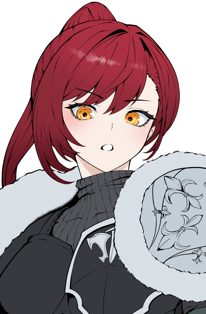 1girl, 21gh, absurdres, armor, black_armor, black_sweater, castle_knight_charlotte, fur_trim