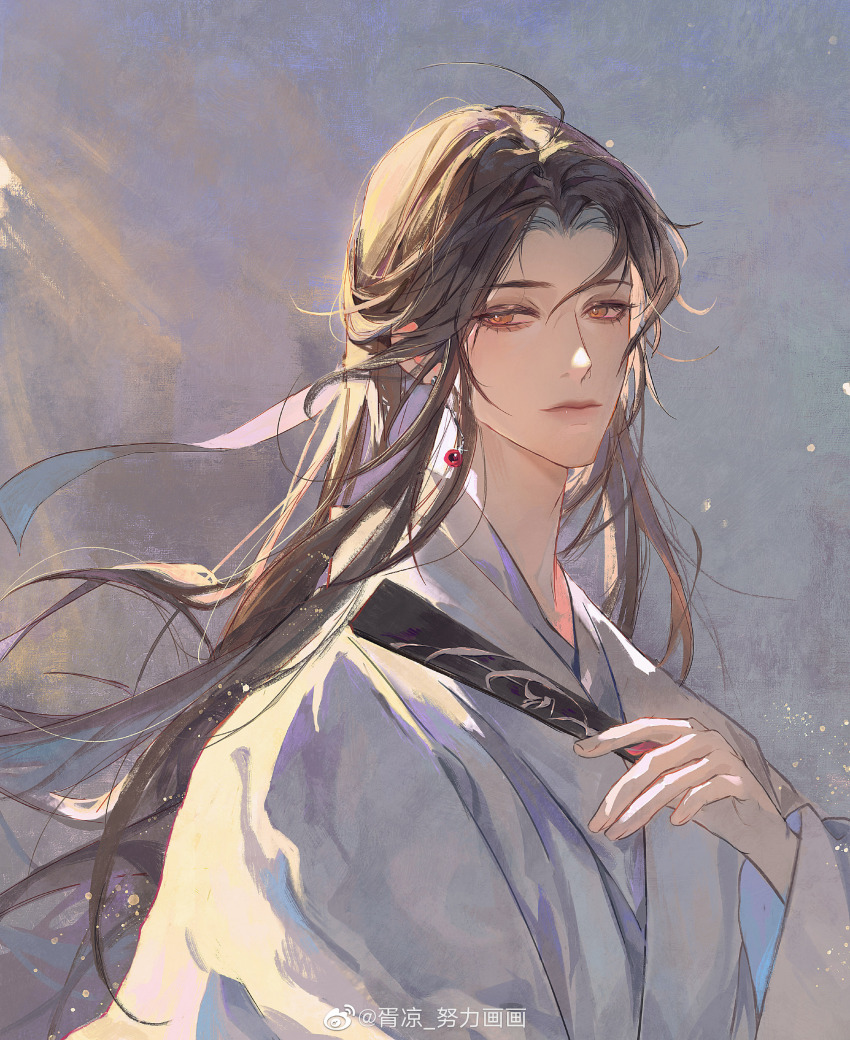 1boy, absurdres, brown_eyes, brown_hair, closed_mouth, earrings, folded_fan, folding_fan