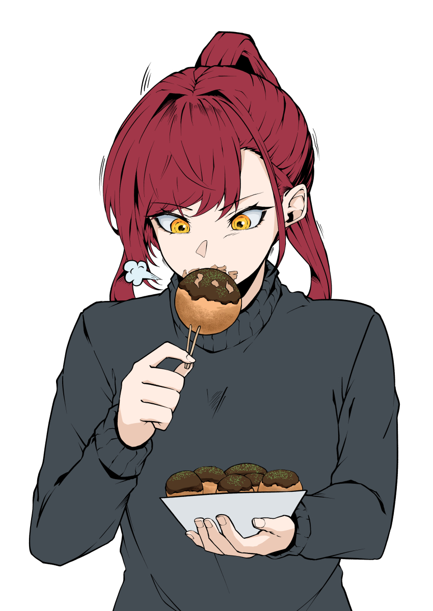 1girl, 21gh, absurdres, arm_up, black_sweater, castle_knight_charlotte, eating, food