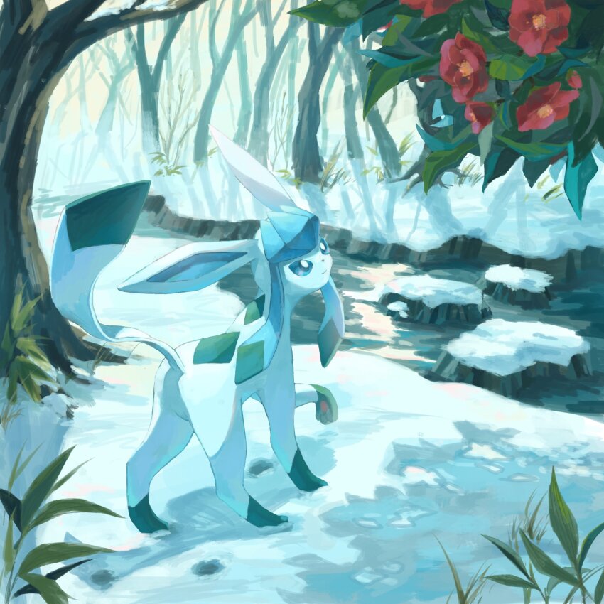 animal_focus, blue_eyes, bright_pupils, commentary_request, flower, gen_4_pokemon, glaceon, highres