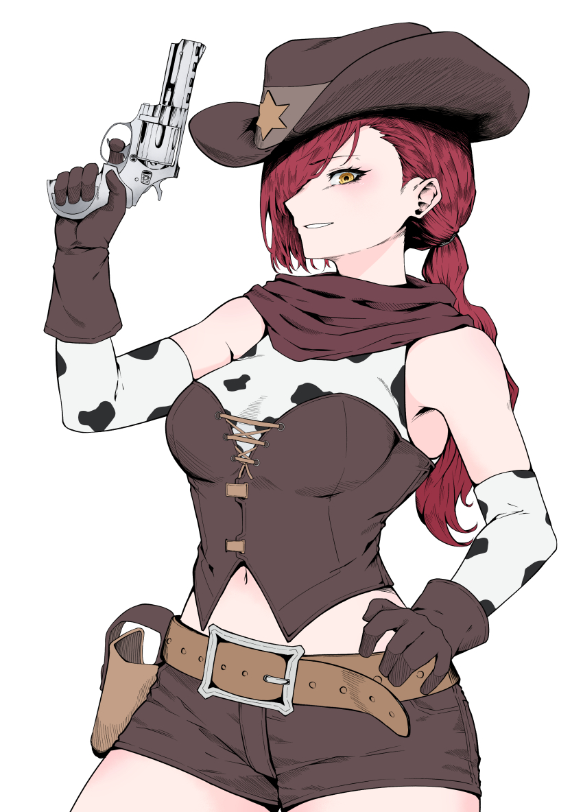 1girl, 21gh, absurdres, animal_print, arm_up, bare_shoulders, belt, brown_belt