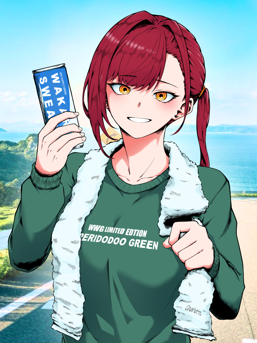 1girl, 21gh, absurdres, arm_up, castle_knight_charlotte, collarbone, drink, green_shirt