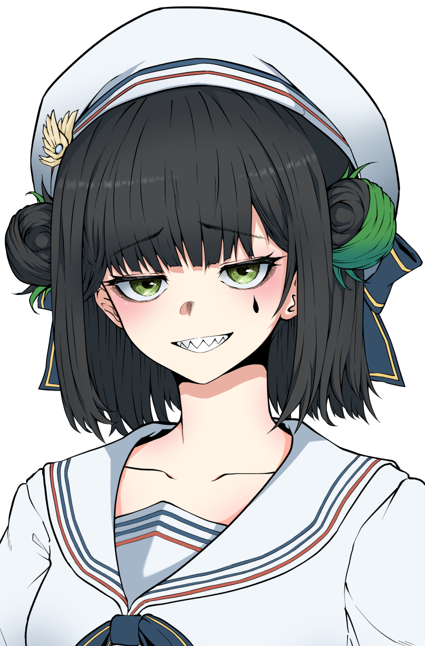 21gh, absurdres, black_hair, collarbone, death_hammer_chouloky, double_bun, facial_mark, green_eyes