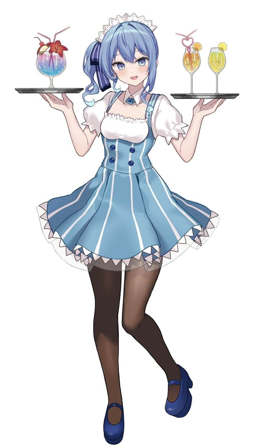1girl, :d, asymmetrical_sidelocks, black_pantyhose, blue_cross_tie, blue_dress, blue_eyes, blue_hair, blue_ribbon, blue_shoes, breasts, brown_pantyhose, buttons, commentary, cross_tie, detached_collar, double-breasted, double-parted_bangs, dress, framed_breasts, hair_ribbon, highres, holding, holding_tray, hololive, hoshimachi_suisei, kohaku_(csacu), looking_at_viewer, mary_janes, open_mouth, pantyhose, pinafore_dress, platform_heels, puffy_short_sleeves, puffy_sleeves, ribbon, shirt, shoes, short_hair, short_sleeves, side_ponytail, sidelocks, simple_background, sleeveless, sleeveless_dress, small_breasts, smile, solo, star_(symbol), star_in_eye, striped_clothes, striped_dress, untranslatable_commentary, symbol_in_eye, tray, tropical_drink, underboob, vertical-striped_clothes, vertical-striped_dress, virtual_youtuber, w_arms, waitress, white_background, white_shirt