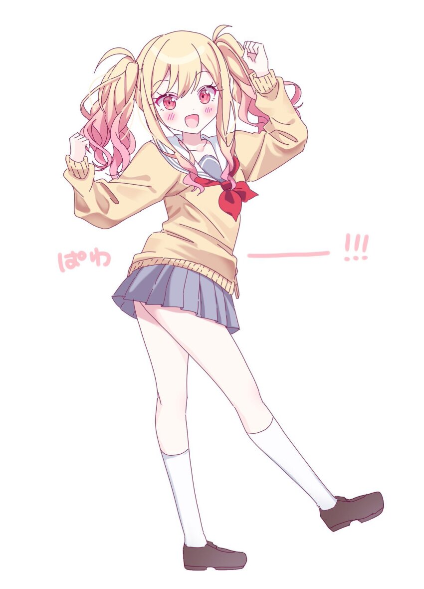 1girl, :d, arms_up, blonde_hair, blush, brown_shoes, cardigan, collarbone