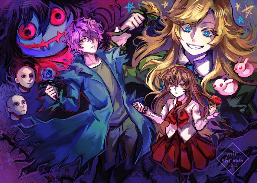 1boy, 2girls, :o, ascot, blonde_hair, blue_coat, blue_eyes, blue_flower