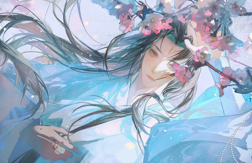 1boy, branch, brown_hair, chinese_clothes, chinese_commentary, closed_mouth, facial_mark, flower