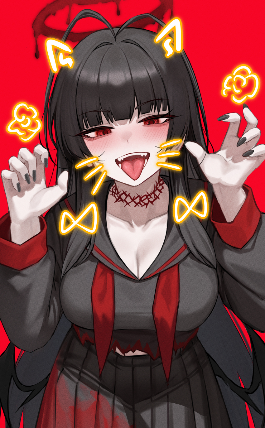 1girl, absurdres, antenna_hair, bags_under_eyes, black_hair, black_serafuku, black_wings, blue_archive, blunt_bangs, blush, breasts, claw_pose, cleavage, collarbone, commentary_request, drawn_bow, drawn_ears, drawn_whiskers, fangs, fingernails, halo, highres, kiyoi_(qingyisama), large_breasts, long_hair, long_sleeves, looking_at_viewer, melting_halo, midriff_peek, nail_polish, neckerchief, open_mouth, pleated_skirt, red_background, red_eyes, red_halo, school_uniform, serafuku, simple_background, skirt, solo, straight_hair, teeth, tongue, tongue_out, tsurugi_(blue_archive), undone_neckerchief, very_long_hair, wings