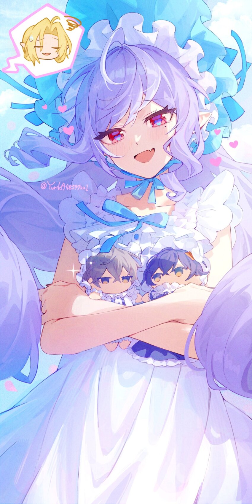 1boy, 1girl, :d, absurdres, ahoge, artist_name, belle_(zenless_zone_zero), blonde_hair, blue_bonnet, blue_ribbon, blue_sky, blush, bonnet, character_doll, chibi, closed_eyes, cloud, collarbone, commentary_request, day, doll, dress, drill_hair, eyelashes, fang, floating_hair, frilled_bonnet, frills, hair_between_eyes, heart, heart-shaped_pupils, highres, holding, holding_doll, hugo_vlad, long_hair, looking_at_viewer, mole, mole_under_eye, multicolored_hair, open_mouth, outdoors, petals, pointy_ears, purple_hair, raised_eyebrows, red_eyes, ribbon, sidelocks, skin_fang, sky, sleeveless, sleeveless_dress, smile, solo, sparkle, speech_bubble, spoken_character, squiggle, streaked_hair, sweatdrop, symbol-shaped_pupils, twitter_username, very_long_hair, vivian_banshee, white_dress, white_hair, wise_(zenless_zone_zero), yurika48597221, zenless_zone_zero