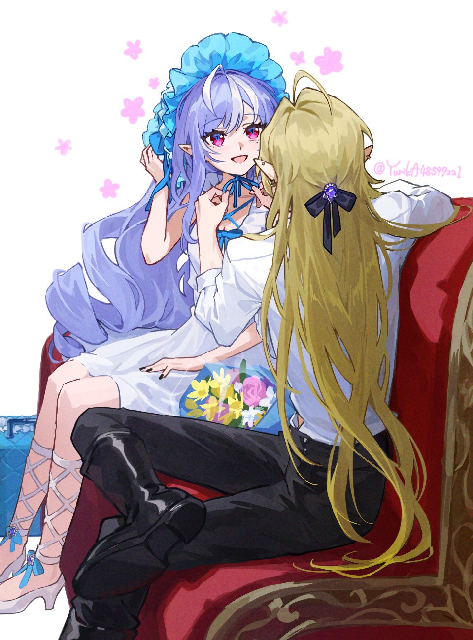 1boy, 1girl, :d, ahoge, artist_name, black_boots, black_nails, black_pants