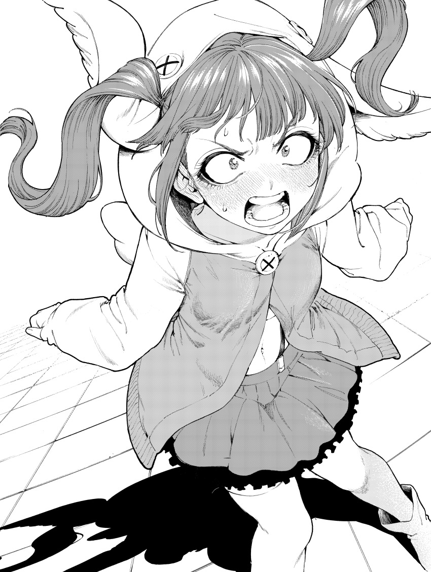 1girl, absurdres, angry, bird_wings, bleach, bleach:_sennen_kessen-hen, blush, boots, commentary_request, dokugamine_riruka, ear_blush, embarrassed, eyelashes, fake_wings, feet_out_of_frame, floating_hair, frilled_skirt, frills, full-face_blush, greyscale, highres, hood, hood_up, hoodie, long_hair, long_sleeves, looking_at_viewer, miniskirt, monochrome, morimoto_atsushi, navel, open_mouth, pleated_skirt, screaming, shadow, skirt, solo, standing, sweatdrop, teeth, thighhighs, tsurime, twintails, v-shaped_eyebrows, wide-eyed, wings, zettai_ryouiki