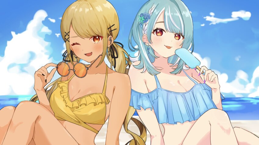 2girls, beach, bikini, black_bow, black_nails, blonde_hair, blue_bikini, blue_hair
