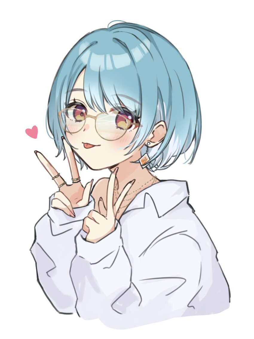 1girl, blue_hair, blush, cropped_torso, double_w, earrings, glasses, heart, highres, jewelry, looking_at_viewer, multicolored_hair, necklace, orange_eyes, ring, shiranami_ramune, shirt, short_hair, solo, tongue, tongue_out, two-tone_hair, unimaru_go, virtual_youtuber, vspo!, w, white_background, white_hair, white_shirt