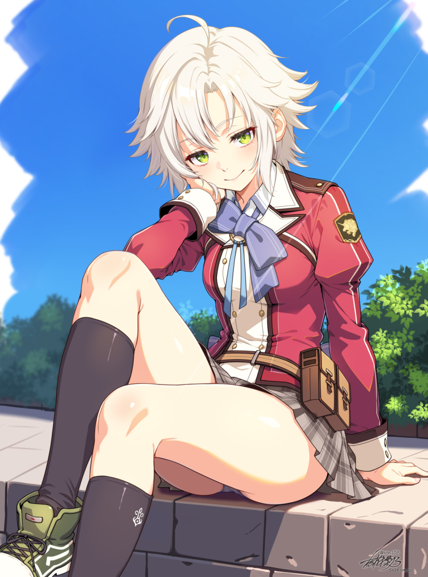 1girl, ahoge, ass, belt_pouch, blue_sky, bow, bowtie, breasts, curtained_hair, eiyuu_densetsu, fie_claussell, green_eyes, highres, juliet_sleeves, kneehighs, light_rays, long_sleeves, looking_at_viewer, masaki_shino, outdoors, panties, parted_bangs, pouch, puffy_sleeves, school_uniform, sen_no_kiseki_(series), sen_no_kiseki_i, shoes, short_hair, sitting, sitting_on_wall, skirt, sky, small_breasts, smile, sneakers, socks, sunbeam, sunlight, thighs, thors_military_academy_class_vii_uniform, tree, underwear