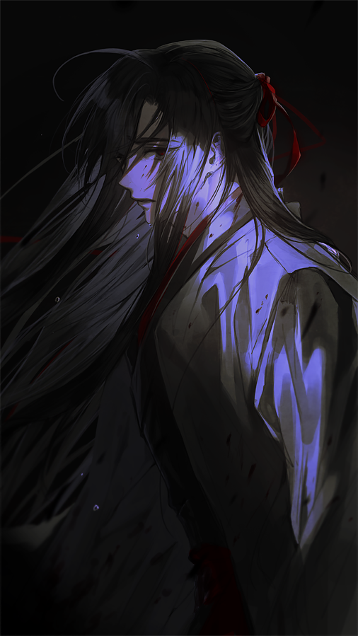 1boy, ahoge, black_background, black_hair, black_hanfu, blood, blood_on_clothes, blood_on_face