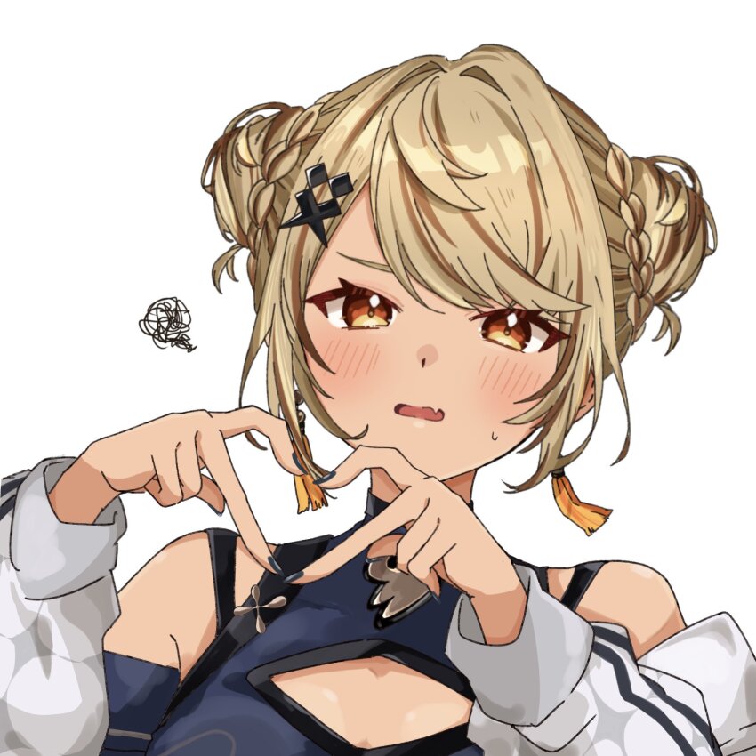 1girl, four-finger_heart_hands, black_nails, blonde_hair, blush, double_bun, fang, hair_bun