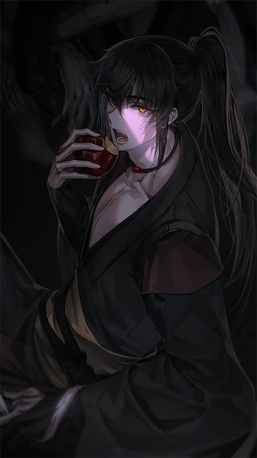 1boy, animal, apple, black_background, black_choker, black_hair, black_hanfu, black_robe