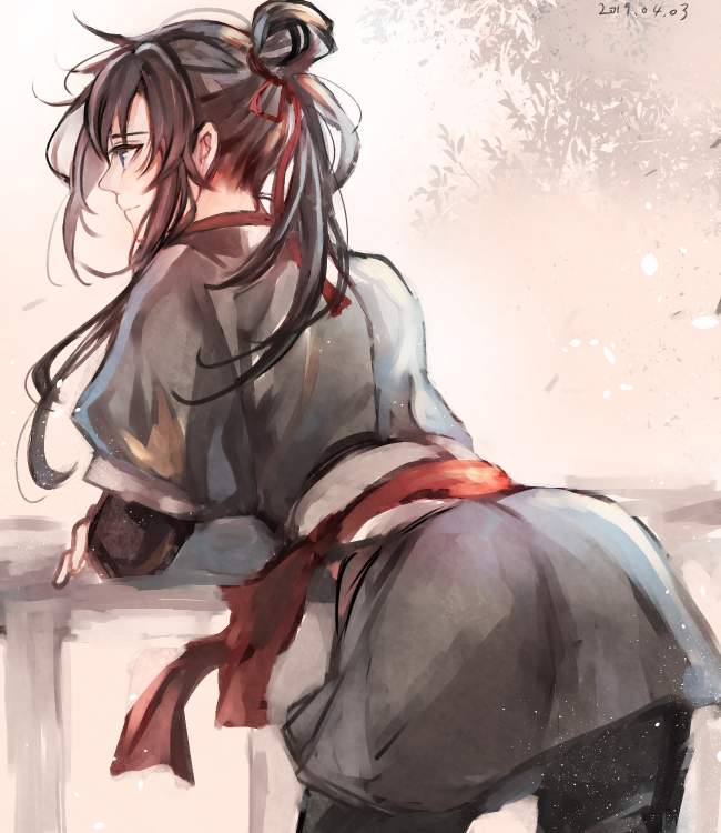 1boy, alternate_hairstyle, androgynous, ass, black_hair, black_hanfu, chinese_clothes, dated, fence, hair_bun, hair_ribbon, hanfu, long_hair, looking_to_the_side, male_focus, mo_xuanyu, modao_zushi, ponytail, railing, rakkyhappy, red_sash, ribbon, sash, sidelocks, single_hair_bun, smile, solo, wei_wuxian