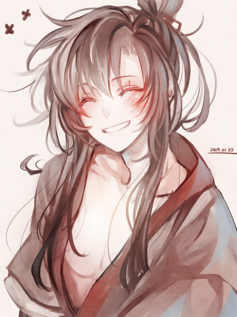 1boy, ^_^, alternate_hairstyle, androgynous, bishounen, black_hair, black_hanfu, blush