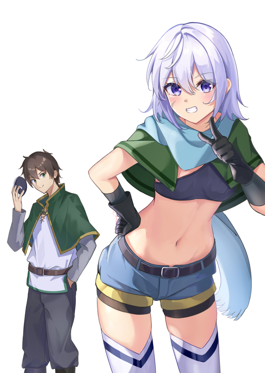 1boy, 1girl, 310setsu, aqua_scarf, black_hair, black_pants, blue_shorts, blush