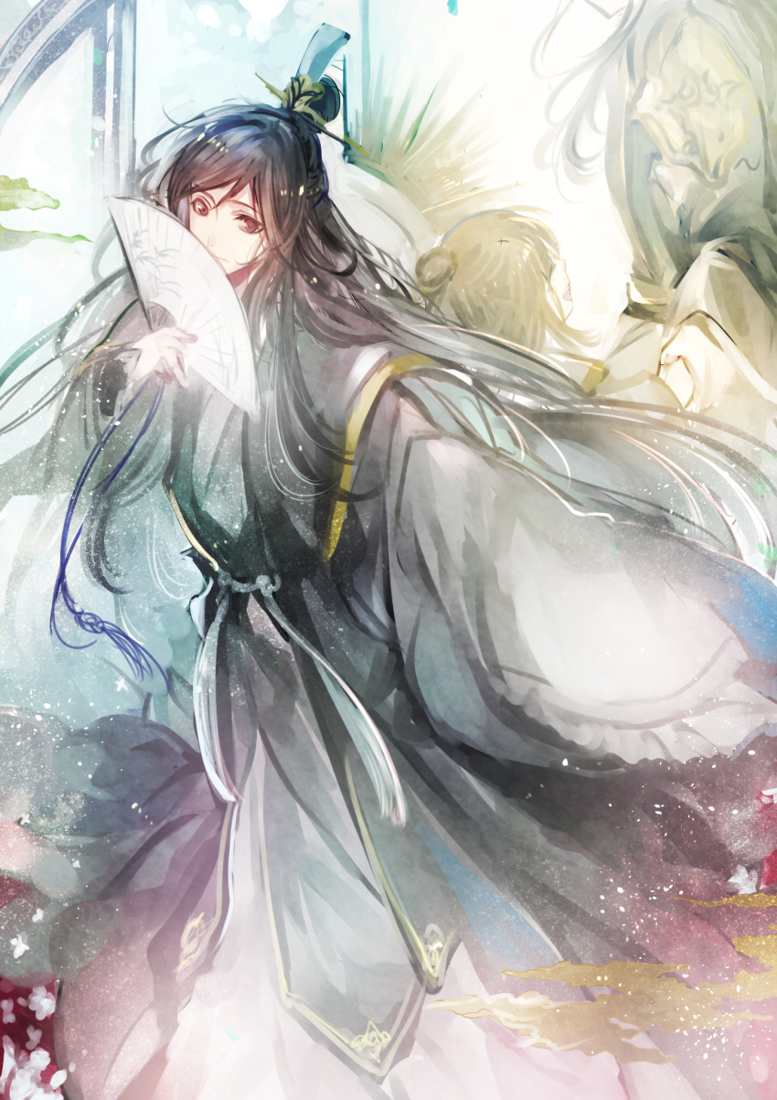 2boys, black_hair, brothers, chinese_clothes, folding_fan, green_hanfu, hand_fan, hanfu