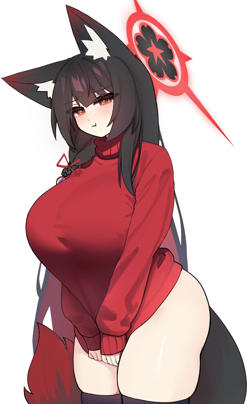 1girl, absurdres, animal_ear_fluff, animal_ears, ass, black_halo, black_thighhighs, blue_archive