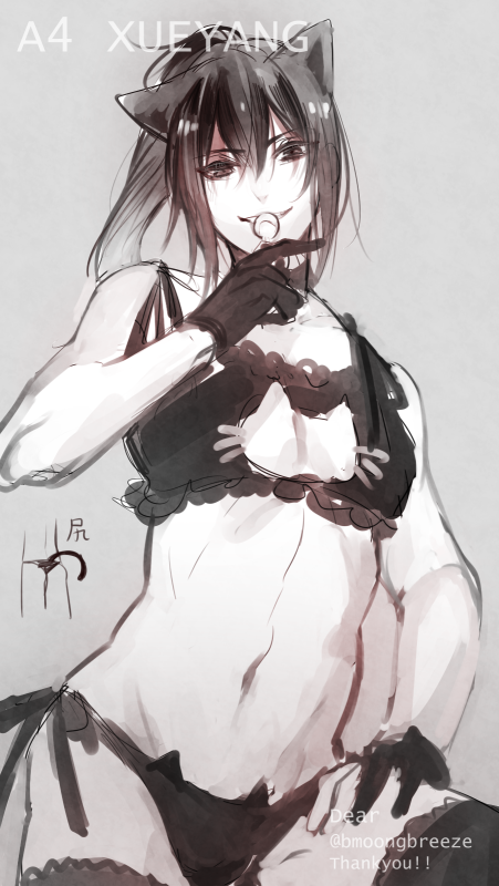 1boy, alternate_costume, animal_ears, artist_name, bell, black_hair, black_panties, bra, candy, cat_boy, cat_cutout, cat_ear_panties, cat_ears, cat_lingerie, cat_tail, character_name, cleavage_cutout, clothing_cutout, crossdressing, crossdressing_(mtf), doodle_inset, english_text, food, gloves, grey_background, holding, holding_candy, holding_food, holding_lollipop, jingle_bell, kemonomimi_mode, lollipop, looking_at_viewer, male_focus, modao_zushi, monochrome, navel, neck_bell, panties, ponytail, rakkyhappy, side-tie_panties, simple_background, sketch, smile, solo, tail, thighhighs, tongue, trap, underwear, underwear_only, xue_yang