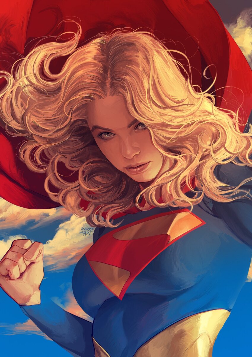 1girl, blonde_hair, blue_eyes, cape, dc_comics, highres, kara_danvers, lipstick