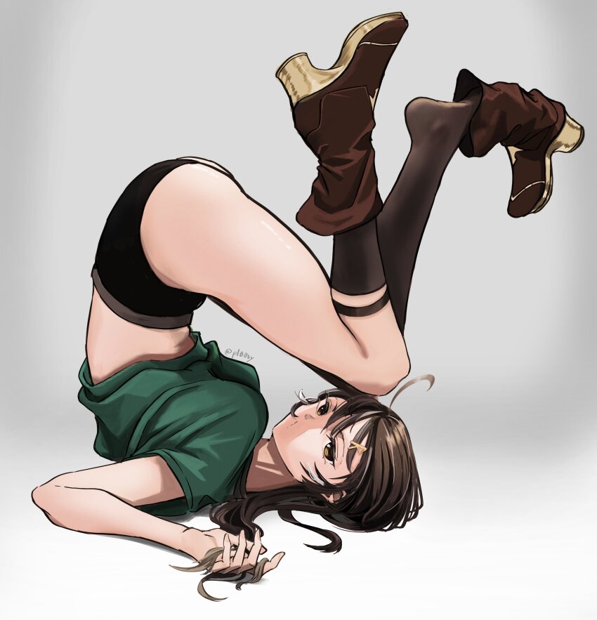 1girl, absurdres, ahoge, artist_name, asymmetrical_legwear, boots, breasts, brown_eyes