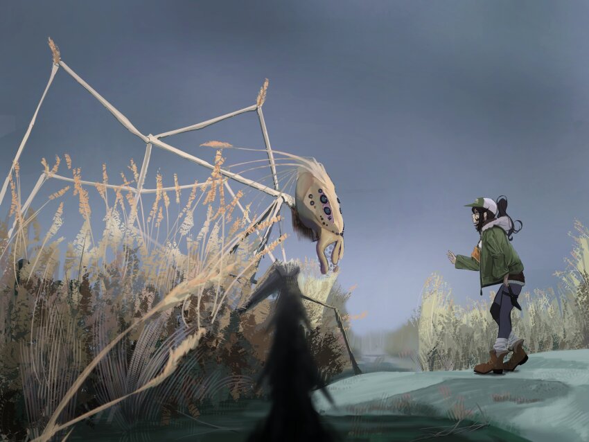 1girl, 1other, absurdres, baseball_cap, black_pantyhose, brown_hair, commentary, commission, disco_elysium, english_commentary, fur-trimmed_jacket, fur-trimmed_shorts, fur_trim, glasses, green_eyes, green_jacket, hat, high_ponytail, highres, indie_virtual_youtuber, insulindian_phasmid, jacket, kara_wilderwood, loose_socks, overcast, pantyhose, ploovy, ponytail, second-party_source, shorts, sky, socks, virtual_youtuber, wetland, wide_shot