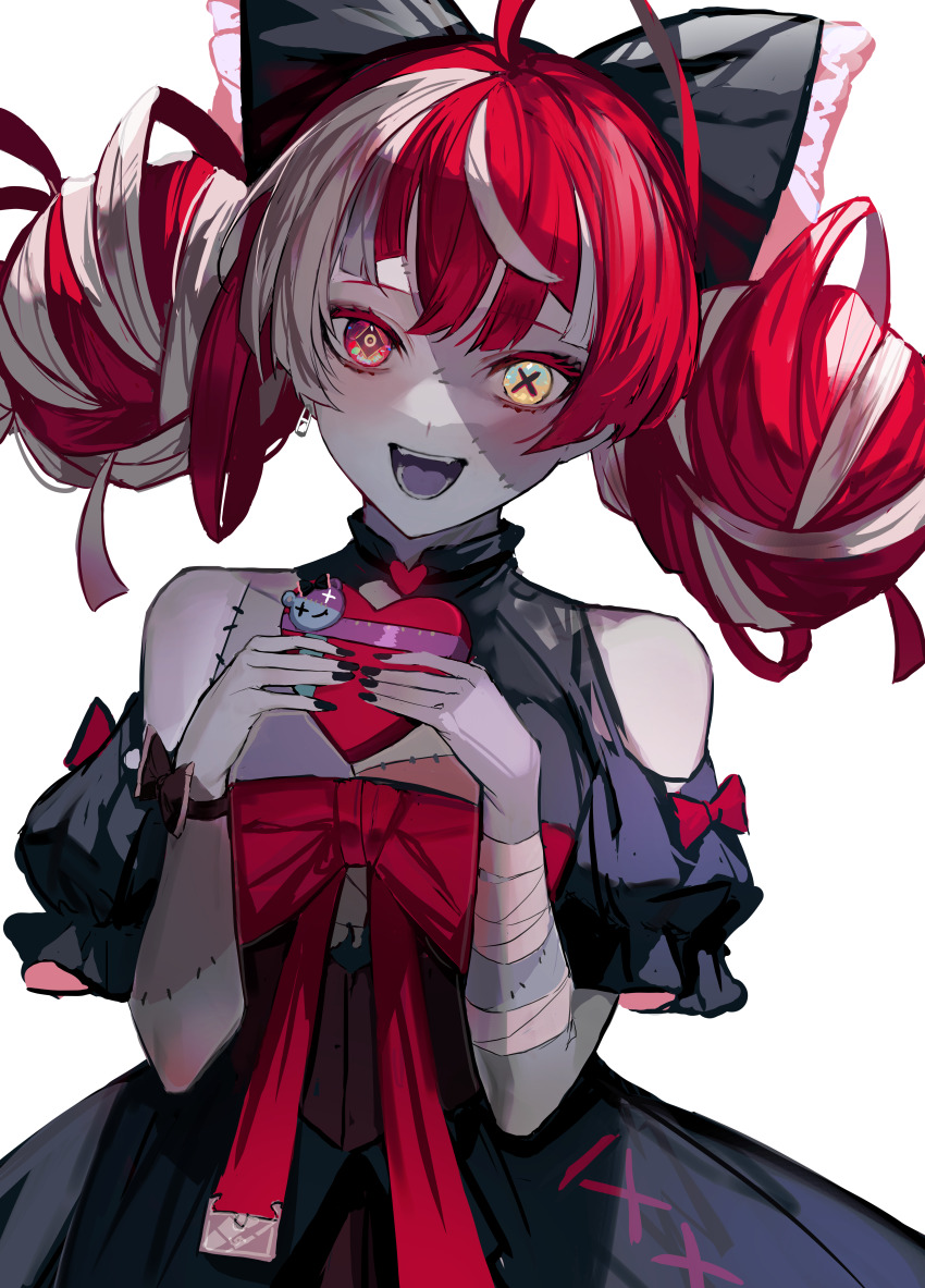 1girl, absurdres, ahoge, arahenas, arm_wrap, black_bow, black_dress, black_nails