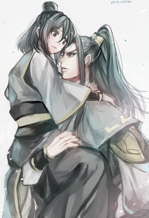 2boys, artist_name, black_hair, black_hanfu, brothers, brown_eyes, carrying, carrying_person