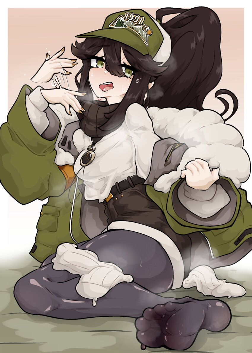 1girl, absurdres, baseball_cap, black_pantyhose, brown_hair, brown_nails, caloart30, coat, fanning_self, fur-trimmed_coat, fur_trim, green_eyes, hat, high-waist_shorts, high_ponytail, highres, indie_virtual_youtuber, kara_wilderwood, layered_clothes, looking_at_viewer, motion_lines, pantyhose, ponytail, shorts, sitting, socks, solo, steaming_body, sweat, sweater, turtleneck, turtleneck_sweater, undressing, unworn_socks, virtual_youtuber