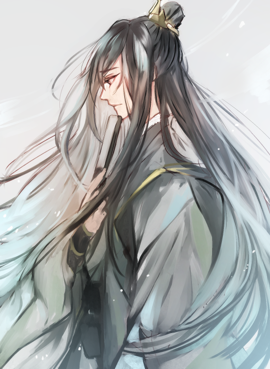 1boy, black_hair, chinese_clothes, folded_fan, folding_fan, from_side, green_hanfu, grey_background