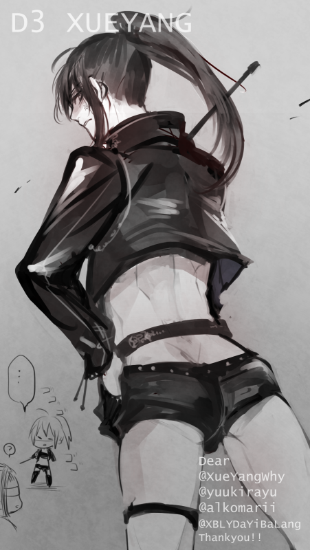 ..., 1boy, ?, alternate_costume, ass, back, belt, black_hair, butt_crack, character_name, crop_top, cropped_jacket, doodle_inset, english_text, from_behind, gloves, greyscale, hand_on_own_hip, holding, holding_whip, jacket, long_hair, long_sleeves, looking_at_viewer, looking_back, male_focus, midriff, modao_zushi, monochrome, ponytail, rakkyhappy, short_shorts, shorts, solo_focus, spoken_ellipsis, spoken_question_mark, spot_color, thigh_strap, trap, weapon, xue_yang