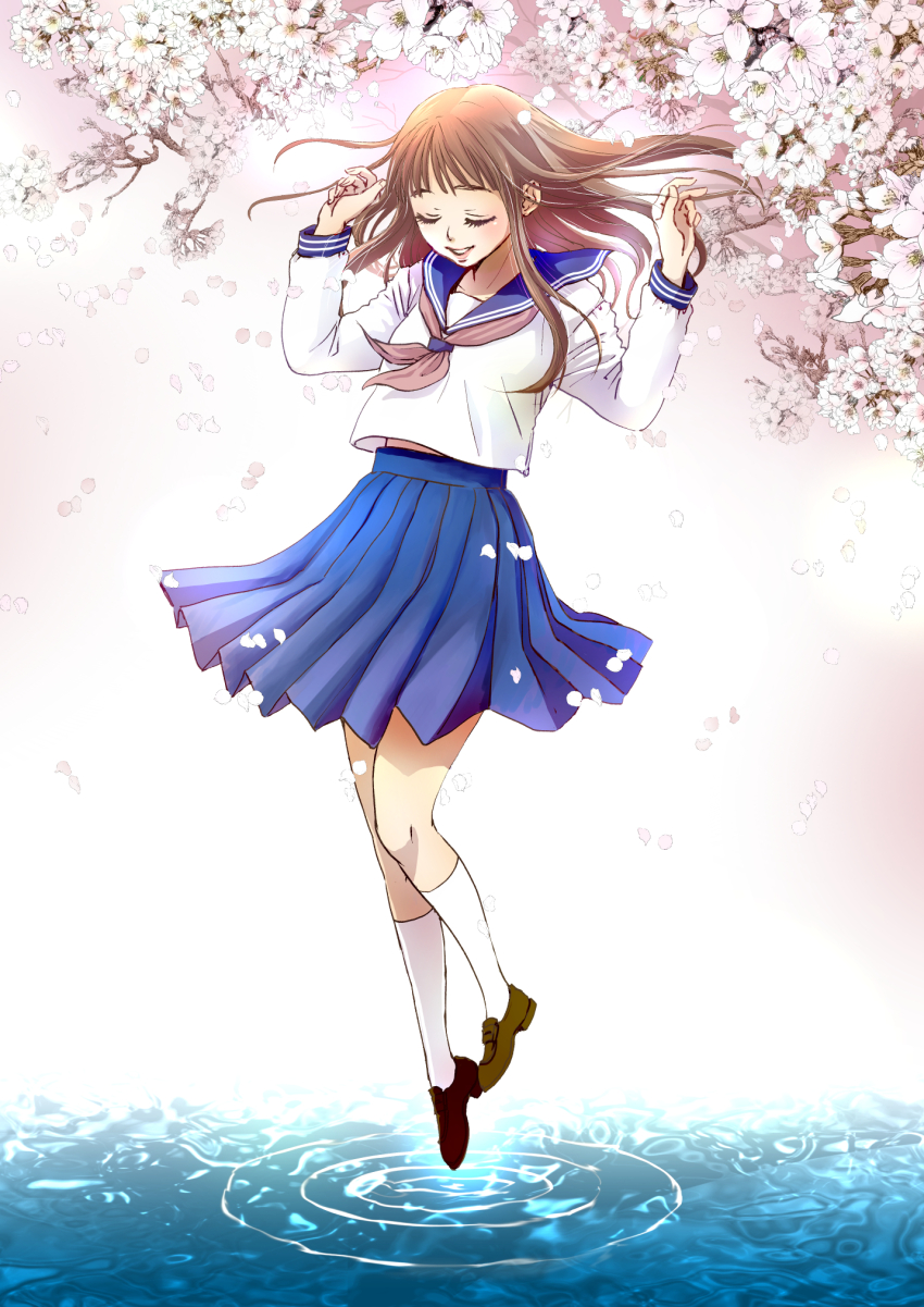 1girl, arms_up, blue_skirt, brown_hair, cherry_blossoms, closed_eyes, full_body, highres, loafers, long_hair, mandaringo, neckerchief, original, parted_lips, pleated_skirt, red_neckerchief, school_uniform, serafuku, shirt, shoes, skirt, socks, solo, water, white_shirt, white_socks