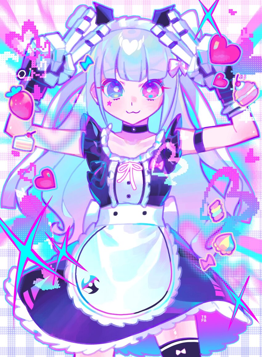 1girl, :3, akiba_hinagiku, apron, black_dress, black_thighhighs, bright_pupils, double_v