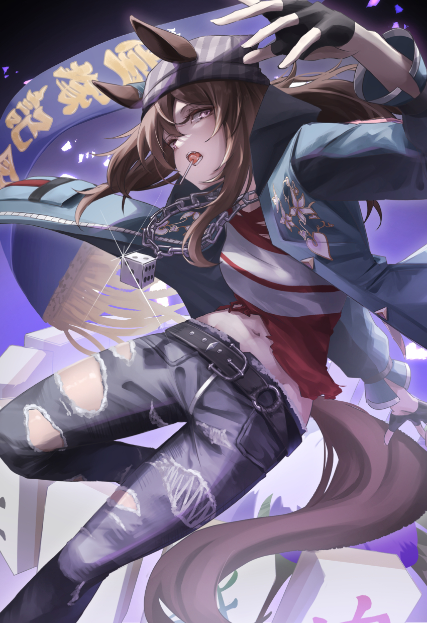 1girl, animal_ears, beanie, belt, black_belt, black_gloves, blue_coat, brown_hair