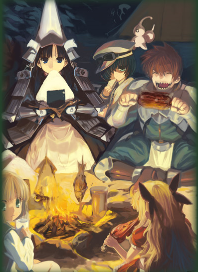 1boy, 4girls, armor, armored_dress, campfire, crook_morphus, dress, fire, food, hanny, hat, helmet, japanese_armor, kibako, kote, kusazuri, multiple_girls, onigiri, rance, rance_(series), rance_quest, sachiko_centers, samurai, shoulder_armor, sode, tent, uesugi_kenshin_(rance)