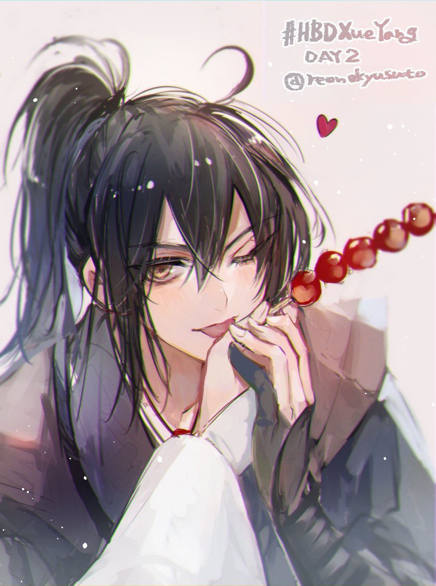 2boys, ;p, ahoge, bishounen, black_hair, black_hanfu, chinese_clothes, english_text