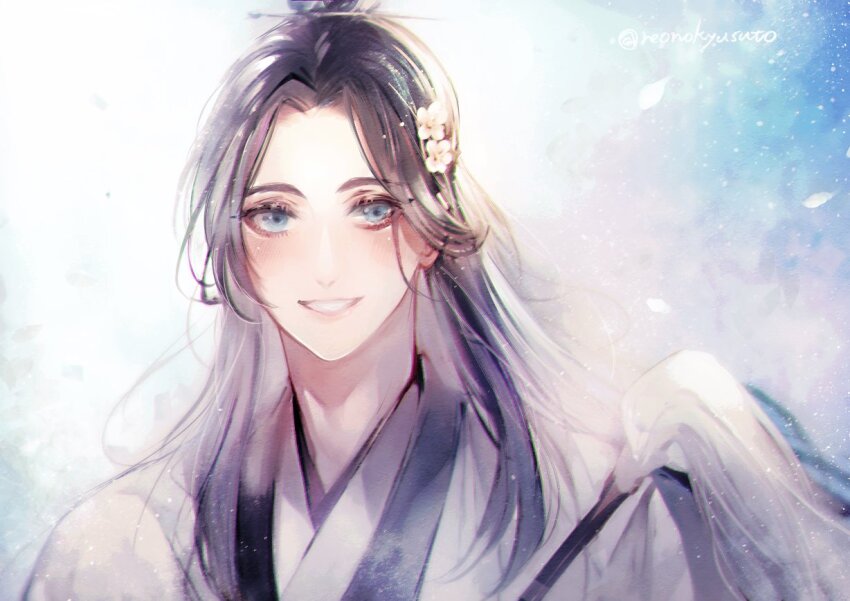 1boy, bishounen, black_hair, blue_eyes, blush, chinese_clothes, falling_petals, flower