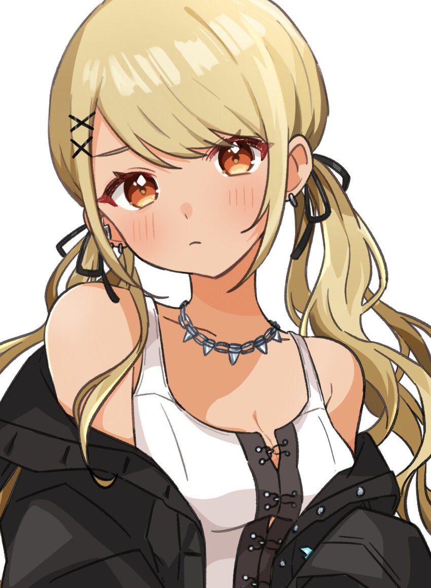 1girl, bare_shoulders, black_bow, black_jacket, blonde_hair, blush, bow, breasts