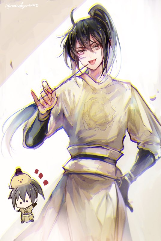 1boy, ahoge, alternate_costume, black_hair, chibi, chibi_inset, chinese_clothes, hair_between_eyes