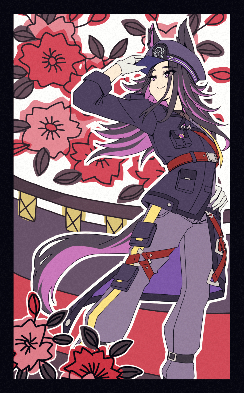 1girl, animal_ears, belt, black_hair, black_jacket, cherry_blossoms, colored_inner_hair, fenomeno_(umamusume)