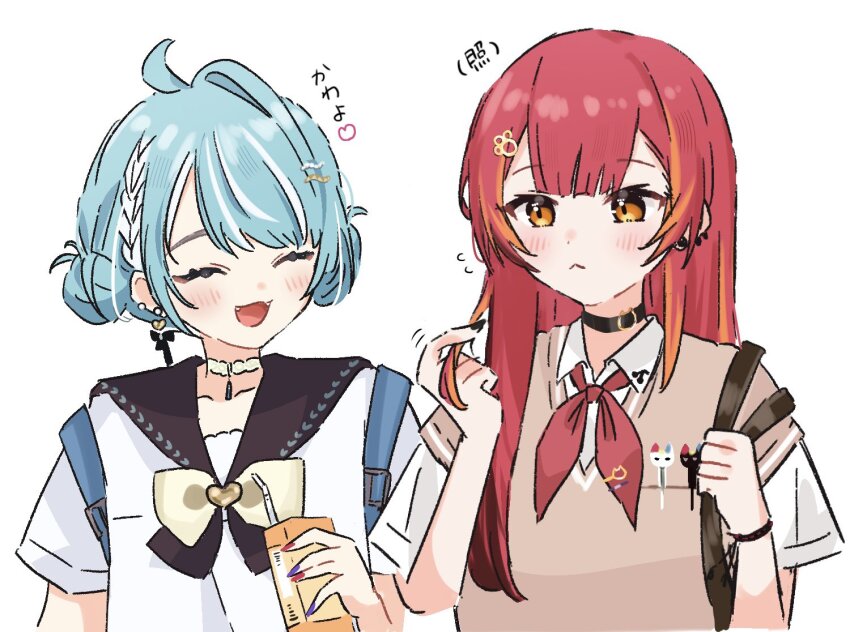 2girls, ahoge, bag, black_bag, black_choker, black_nails, black_sailor_collar, blue_bag