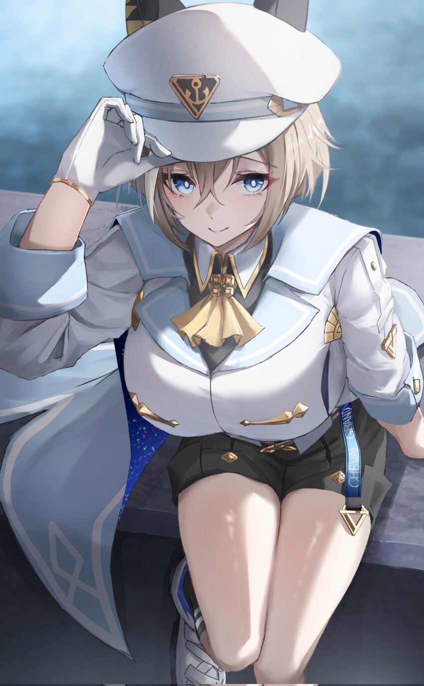 1girl, animal_ears, ascot, black_shorts, blue_eyes, breasts, brown_hair, cheval_grand_(grand_itineraire)_(umamusume), cheval_grand_(umamusume), ear_covers, gloves, hair_between_eyes, hakekeke2525, hat, hat_belt, highres, horse_ears, horse_girl, jacket, large_breasts, looking_at_viewer, multicolored_hair, peaked_cap, shorts, sitting, smile, solo, streaked_hair, thighs, umamusume, v_sisters, white_gloves, white_hair, white_hat, white_jacket, yellow_ascot