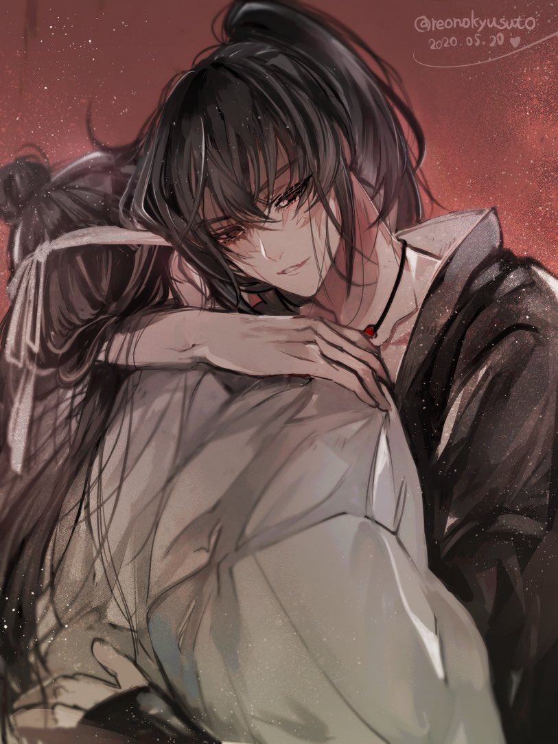 2boys, bishounen, black_hair, black_hanfu, black_robe, blood, chinese_clothes, dated