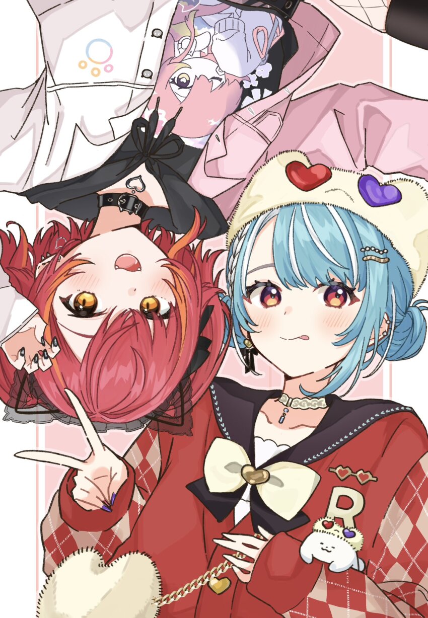 2girls, animal_ears, animal_hat, belt_collar, black_collar, black_nails, blue_hair, blush