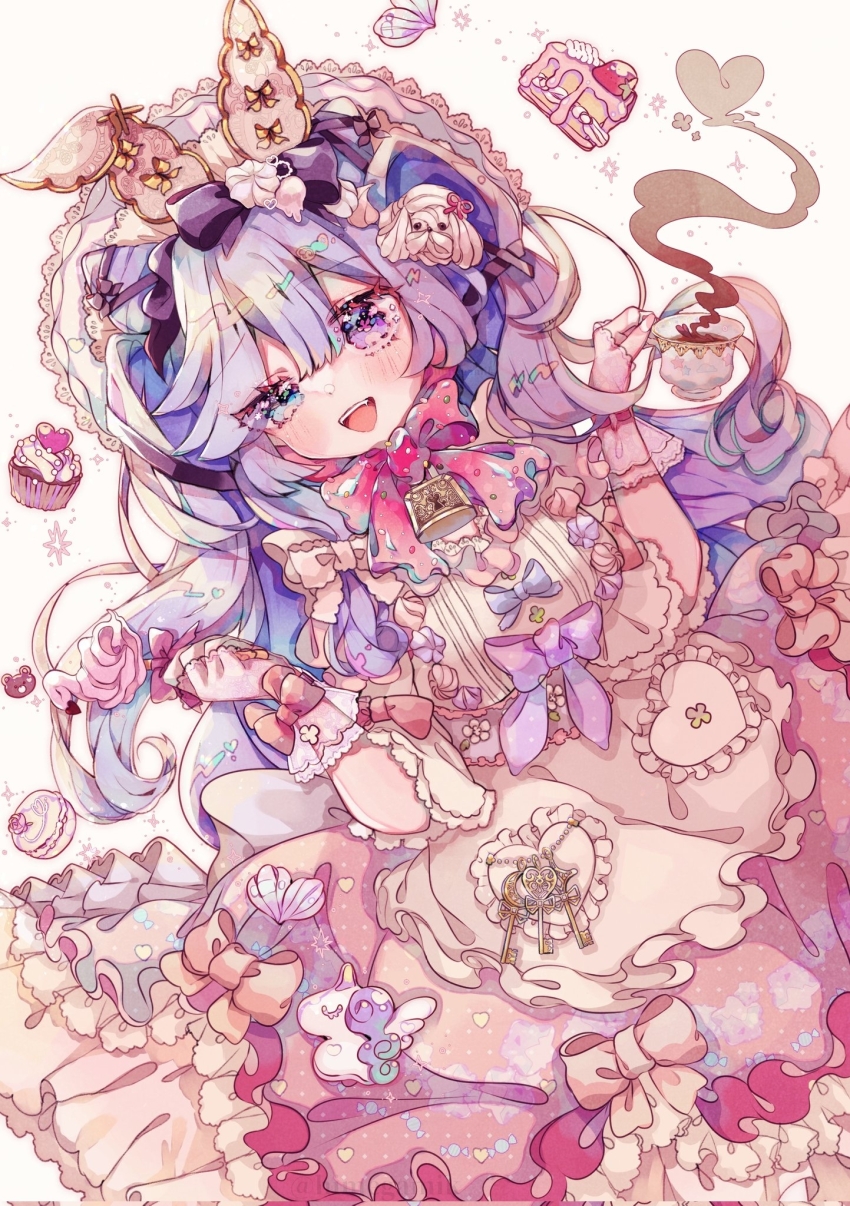 1girl, apron, bell, blue_eyes, blue_hair, bow, cake, commission